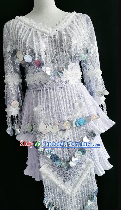 China Ethnic Argent Sequins Clothing and Headwear Minority Women Clothing Miao Nationality Folk Dance Costumes