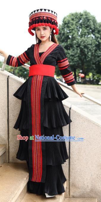 Top Quality China Yao Ethnic Women Black Dress Apparels Guizhou Minority Folk Dance Costumes Festival Celebration Clothing and Hat