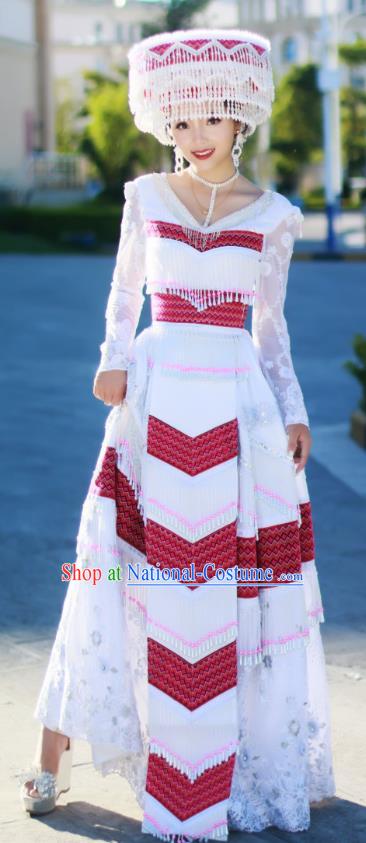 Yunnan Minority Bride White Long Dress Traditional Festival Celebration Costumes China Miao Ethnic Wedding Women Apparels and Headwear