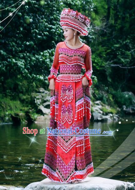 Guizhou Minority Folk Dance Red Long Dress Traditional Wedding Women Costumes China Miao Ethnic Bride Apparels and Hat