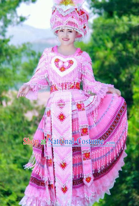 China Guizhou Miao Minority Folk Dance Pink Long Dress Women Apparels Traditional Ethnic Wedding Costumes and Headdress