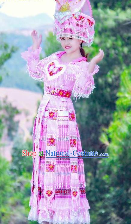 China Guizhou Miao Minority Folk Dance Pink Long Dress Women Apparels Traditional Ethnic Wedding Costumes and Headdress