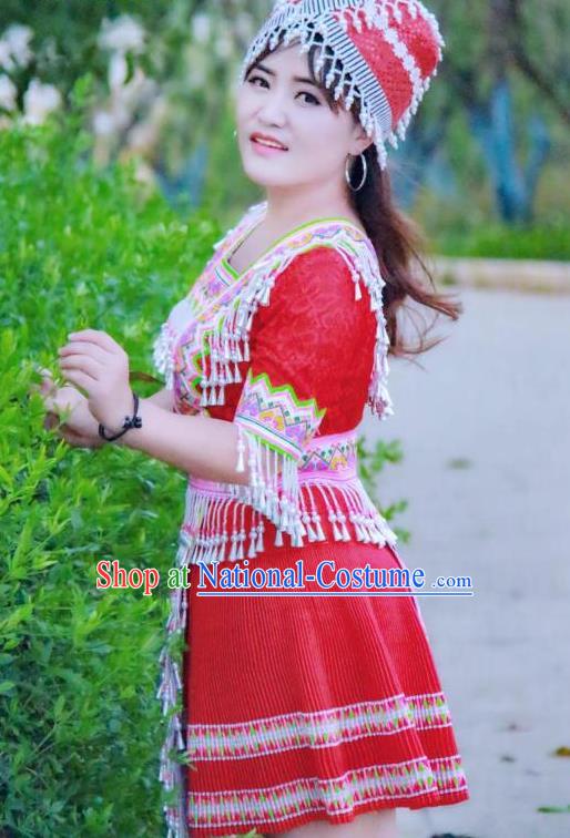 China Ethnic Apparels Miao Minority Folk Dance Red Short Dress Traditional Nationality Women Costumes and Hat