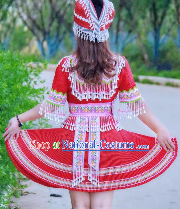 China Ethnic Apparels Miao Minority Folk Dance Red Short Dress Traditional Nationality Women Costumes and Hat