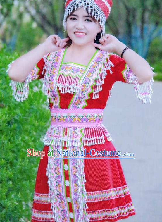 China Ethnic Apparels Miao Minority Folk Dance Red Short Dress Traditional Nationality Women Costumes and Hat