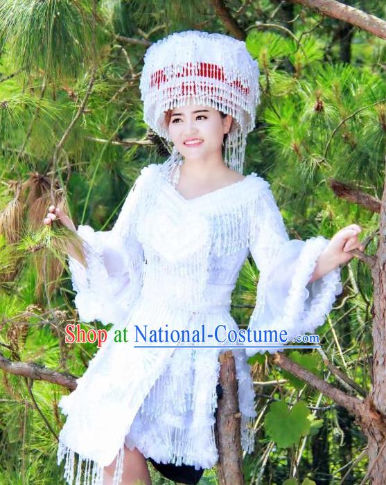 China Yunnan Ethnic Apparels Traditional Nationality Women Costumes Folk Dance Clothing Miao Minority White Short Dress and Headwear