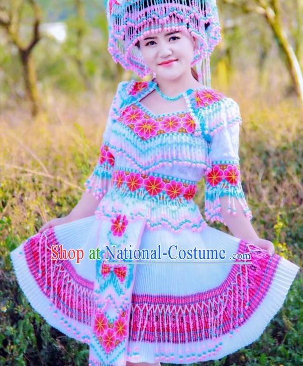 China Miao Ethnic Beads Tassel Apparels Traditional Nationality Folk Dance Costumes Yunnan Minority Women Short Dress and Headpiece