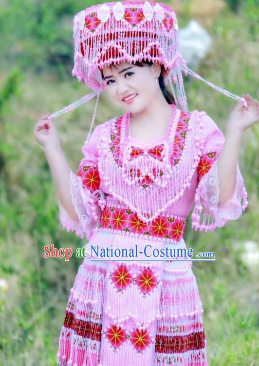 China Miao Ethnic Women Apparels Traditional Nationality Folk Dance Costumes Yunnan Minority Beads Tassel Short Dress and Hat