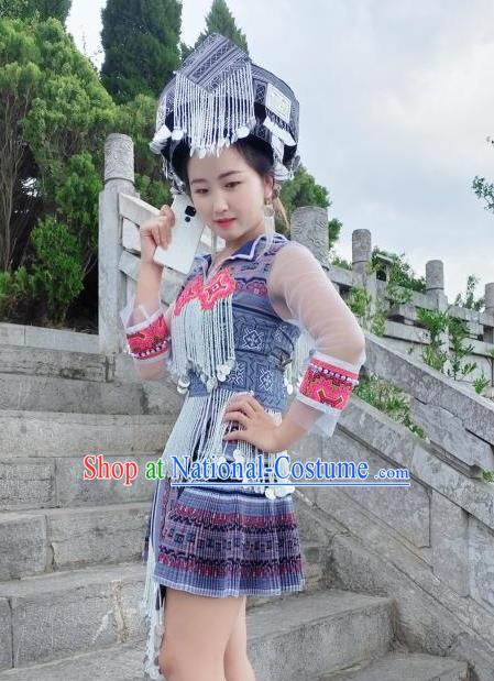 China Xiangxi Ethnic Women Apparels Traditional Miao Nationality Costumes Minority Folk Dance Short Dress and Headwear