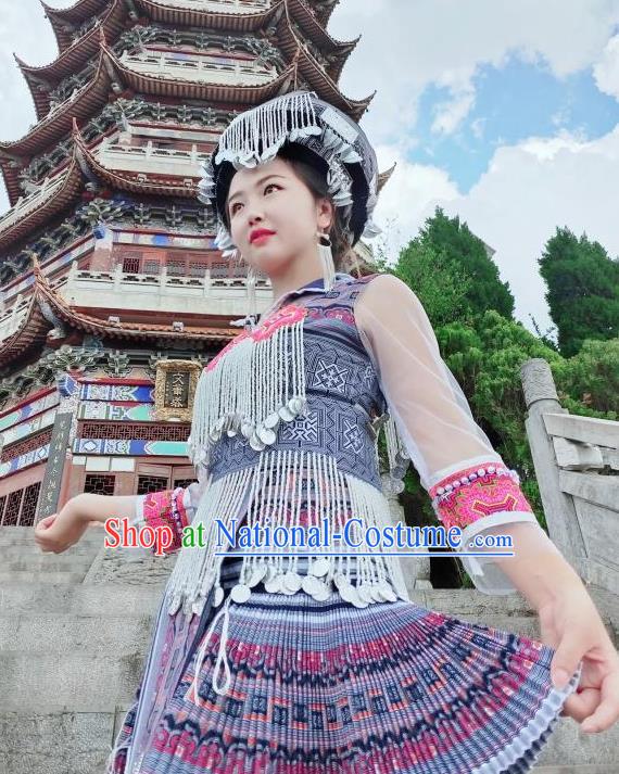 China Xiangxi Ethnic Women Apparels Traditional Miao Nationality Costumes Minority Folk Dance Short Dress and Headwear