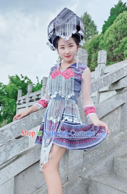 China Xiangxi Ethnic Women Apparels Traditional Miao Nationality Costumes Minority Folk Dance Short Dress and Headwear