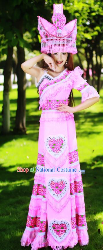 Top Quality Guizhou Minority Ethnic Wedding Costumes Festival Celebration Dance Clothing China Yao National Bride Pink Dress Apparels and Hat