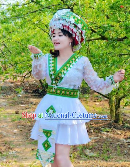 China Nationality White Blouse and Short Skirt Miao Minority Dance Clothing Ethnic Women Fashion and Hat