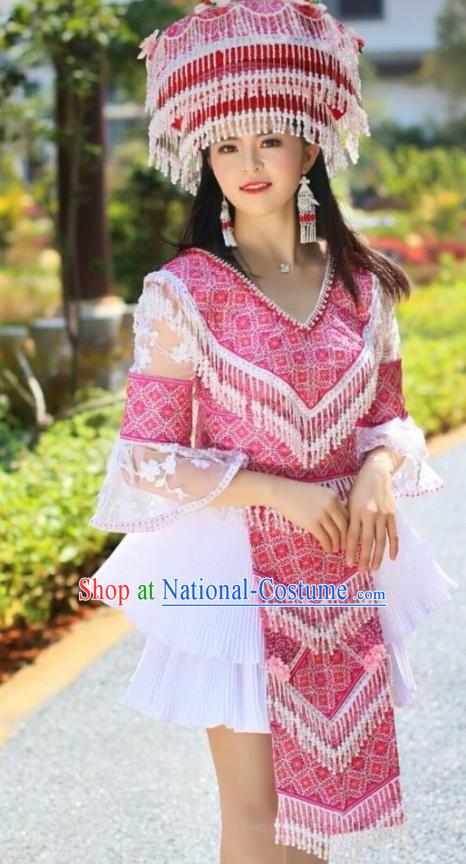 Travel Photography Ethnic Costumes China Miao Nationality Clothing Rosy Blouse and Short Skirt with Headwear