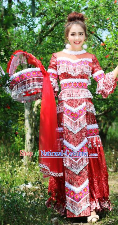 China Yunnan Minority Costumes Traditional Miao Ethnic Folk Dance Apparels Nationality Bride Wedding Red Dress and Headdress