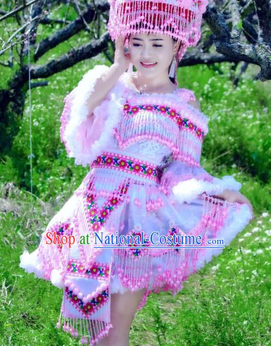 China Guizhou Minority Costumes and Headdress Nationality Bride Short Dress Traditional Ethnic Folk Dance Apparels