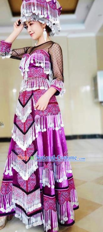 China Traditional Yunnan Miao Ethnic Folk Dance Apparels Minority Stage Performance Purple Long Dress Nationality Women Costumes and Headwear