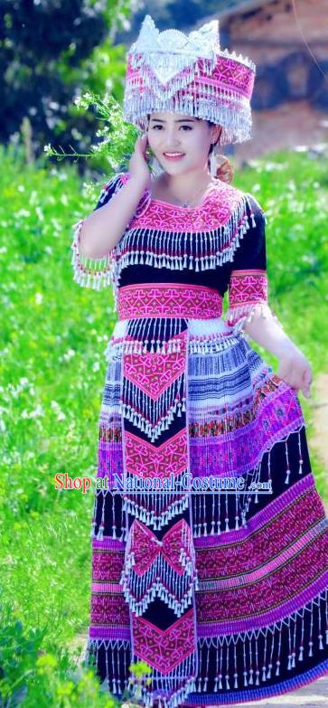 China Wenshan Miao Nationality Long Dress and Hat Traditional Ethnic Folk Dance Apparels Yunnan Minority Costumes