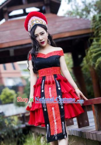 China Miao Nationality Red Short Dress and Hat Traditional Ethnic Folk Dance Apparels Yunnan Minority Sexy Costumes