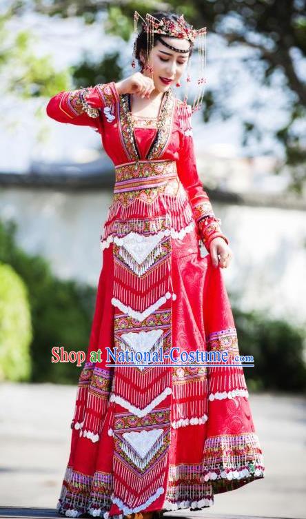 China Guizhou Nationality Traditional Red Long Dress Miao Minority Bride Costumes Ethnic Wedding Apparels and Hair Accessories