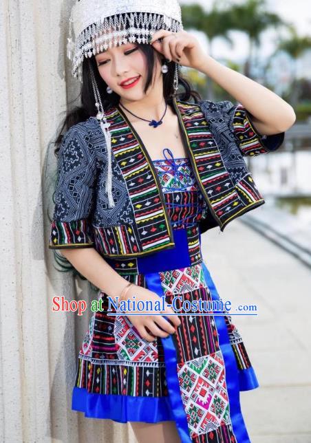 China Guizhou Miao Nationality Short Dress Minority Stage Show Costumes Ethnic Women Apparels and Hair Accessories