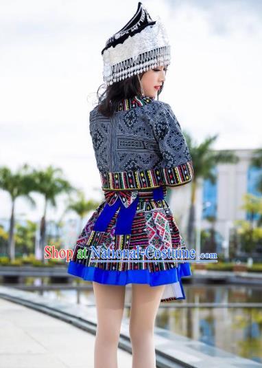 China Guizhou Miao Nationality Short Dress Minority Stage Show Costumes Ethnic Women Apparels and Hair Accessories