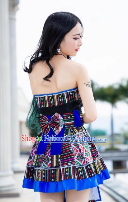 China Guizhou Miao Nationality Short Dress Minority Stage Show Costumes Ethnic Women Apparels and Hair Accessories