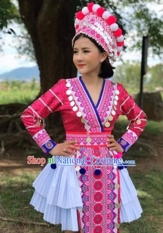 China Yi Minority Rosy Blouse and Skirt Ethnic Nationality Stage Performance Costumes Women Clothing and Headwear