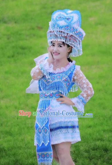 Wenshan Yao Ethnic Women Apparels Minority Folk Dance Costumes China Yunnan Nationality Blue Short Dress and Hat