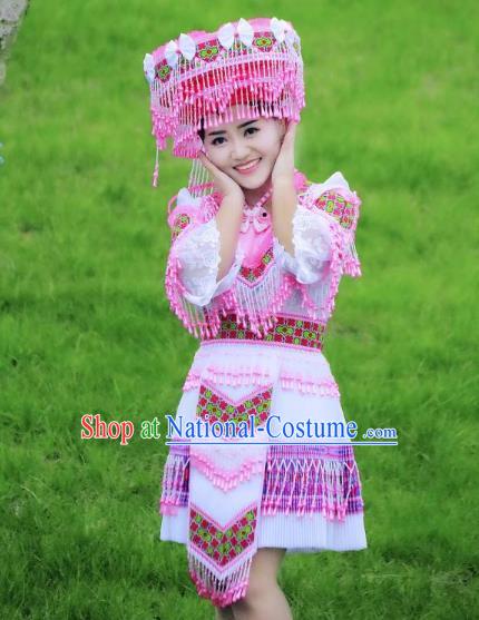 China Yunnan Wenshan Ethnic Women Apparels Minority Costumes Yao Nationality Folk Dance Short Dress and Hat