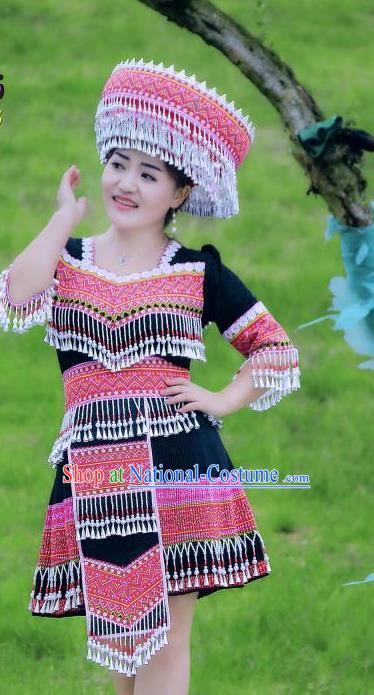 China Guizhou Ethnic Women Apparels Minority Costumes Guangxi Miao Nationality Folk Dance Black Short Dress Dress and Headpiece