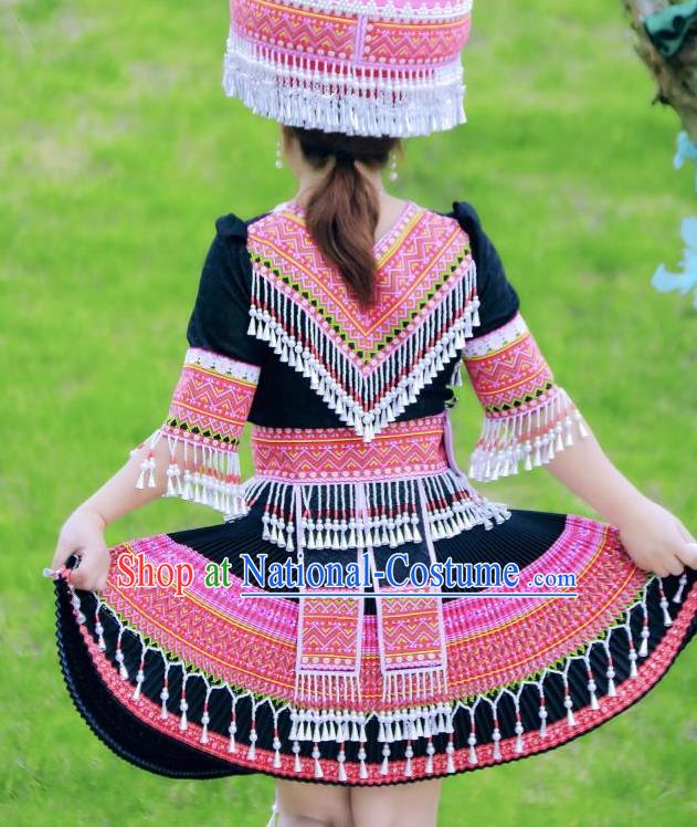 China Guizhou Ethnic Women Apparels Minority Costumes Guangxi Miao Nationality Folk Dance Black Short Dress Dress and Headpiece