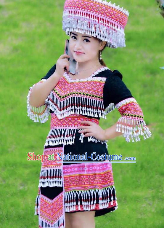 China Guizhou Ethnic Women Apparels Minority Costumes Guangxi Miao Nationality Folk Dance Black Short Dress Dress and Headpiece