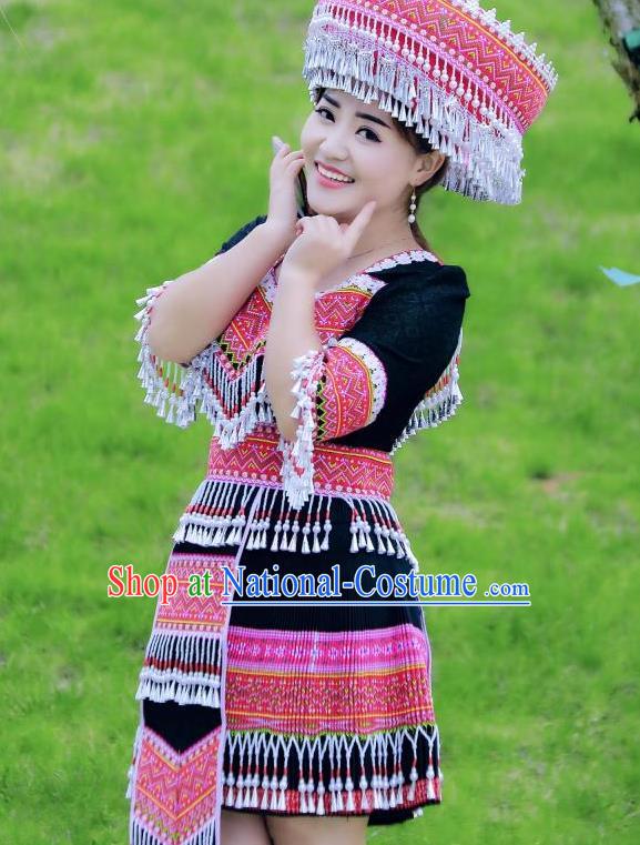 China Guizhou Ethnic Women Apparels Minority Costumes Guangxi Miao Nationality Folk Dance Black Short Dress Dress and Headpiece