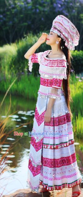 Traditional China Miao Ethnic Wedding Apparels Nationality Folk Dance Costumes Minority Stage Performance Long Dress and Hat