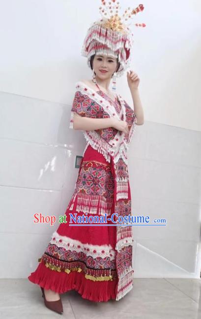 China Yunnan Ethnic Women Clothing Miao Nationality Bride Red Dress Travel Photography Wedding Costumes with Headdress