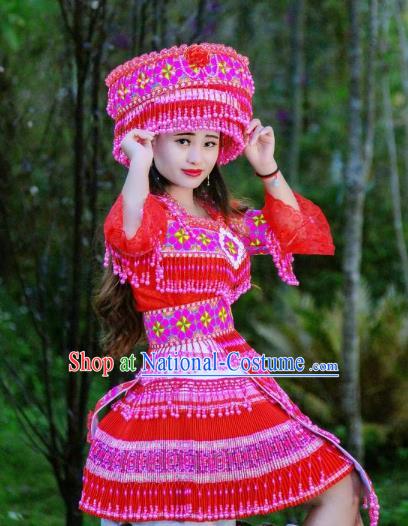 China Stage Show Costumes Fashion Yi Minority Female Costume Ethnic Folk Dance Red Clothing Travel Photography Dresses with Headwear