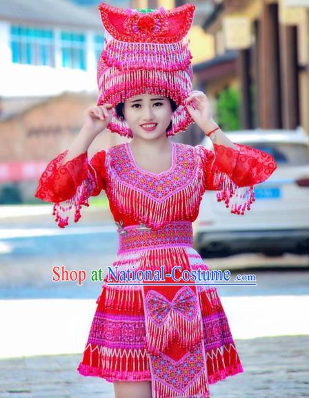 China Minority Stage Show Costumes Fashion Yi Ethnic Folk Dance Clothing Travel Photography Dress with Beads Tassel Hat