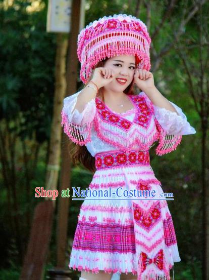 China Fashion Yi Ethnic Clothing Minority Stage Show Costumes Travel Photography Beads Tassel White Blouse and Short Skirt with Headdress