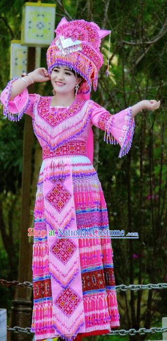 China Zhuang Ethnic Wedding Clothing Minority Bride Costumes Travel Photography Rosy Beads Tassel Dress with Headwear