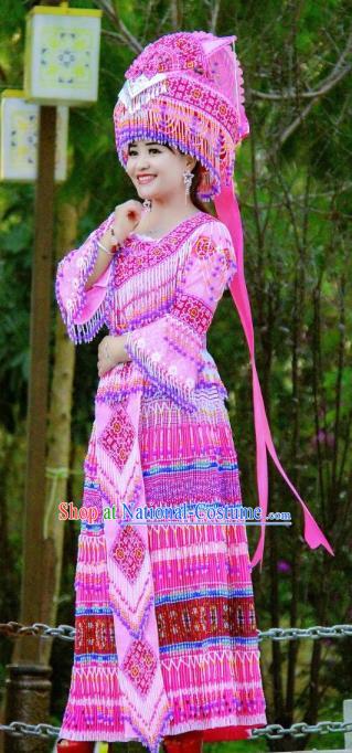 China Zhuang Ethnic Wedding Clothing Minority Bride Costumes Travel Photography Rosy Beads Tassel Dress with Headwear