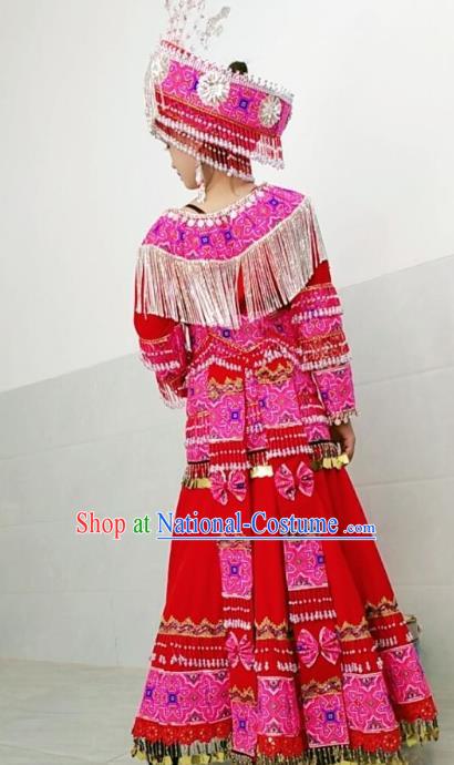 China Yunnan Minority Clothing Travel Photography Red Dress Ethnic Women Costumes Miao Nationality Fashion with Hat