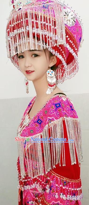 China Yunnan Minority Clothing Travel Photography Red Dress Ethnic Women Costumes Miao Nationality Fashion with Hat