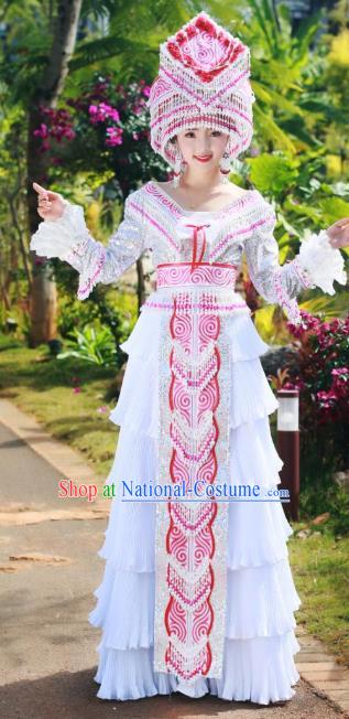 China Yunnan Miao Minority Costumes Travel Photography White Blouse and Long Skirt Wenshan Ethnic Women Fashion with Headdress