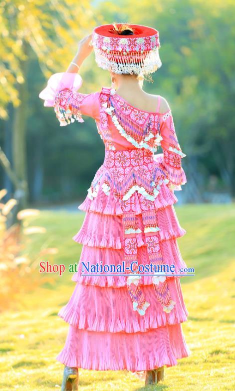 Miao Minority Nationality One Shoulder Dress China Miao Ethnic Celebration Costume Traditional Clothing with Hat