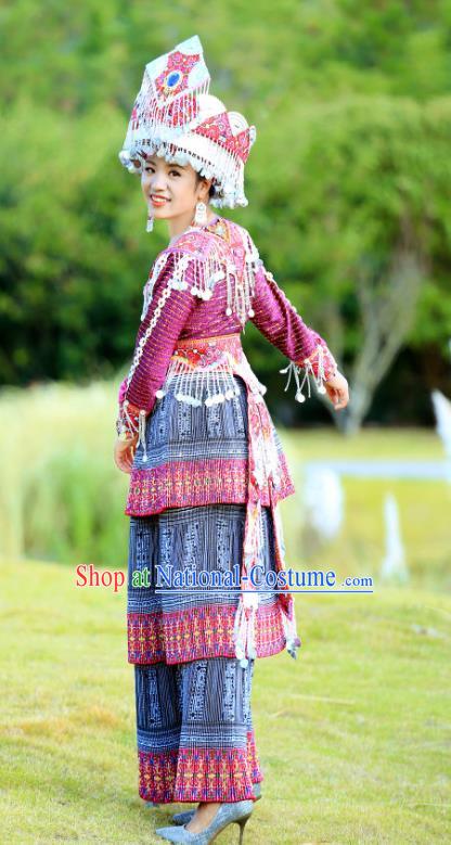 China Ethnic Women Celebration Costume Traditional Miao Minority Nationality Dance Clothing Purple Dress with Headdress