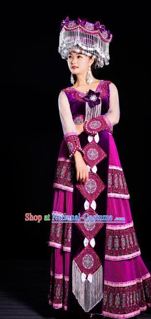 China Guizhou Miao Minority Traditional Clothing Travel Photography Fashion Ethnic Folk Dance Purple Velvet Dress with Hat