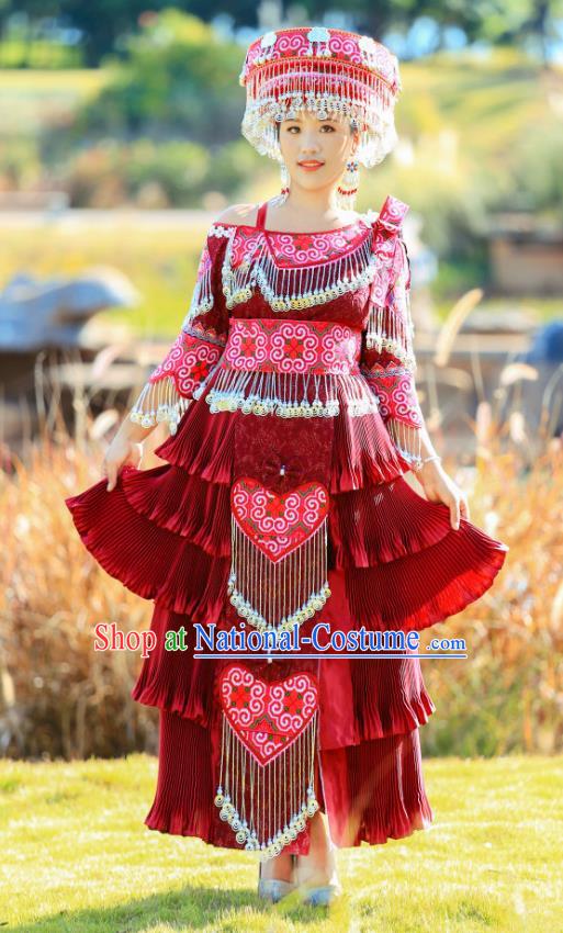 China Ethnic Traditional Festival Costume Miao Minority Nationality Celebration Clothing Deep Red Dress with Headdress