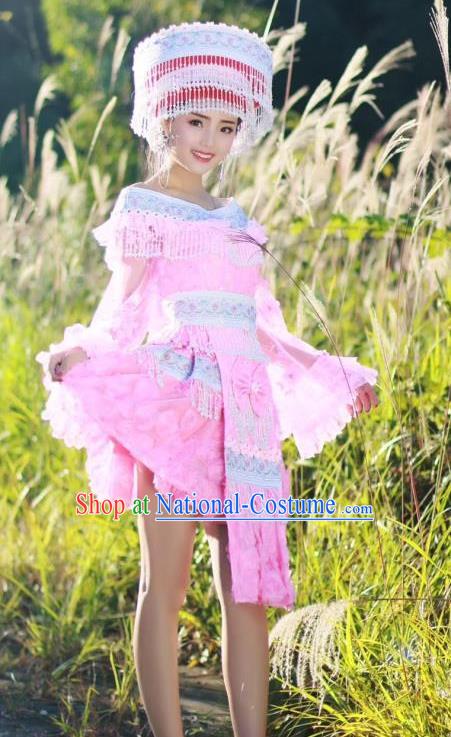 China Ethnic Miao Nationality Pink Blouse and Short Skirt Traditional Festival Costume Minority Celebration Dress with Headwear