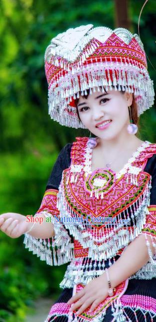 China Traditional Miao Ethnic Wedding Costumes Yunnan Minority Nationality Folk Dance Dress Embroidered Clothing and Headdress